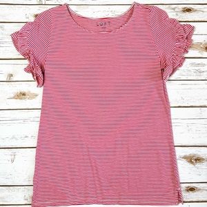 Loft Red White Striped Ruffle Sleeve Tee Shirt Size XS Extra Small